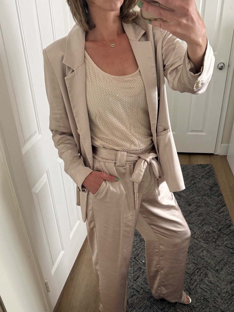 Generation Love Champagne Satin Suit Set Blazer L Pants M Matching Set